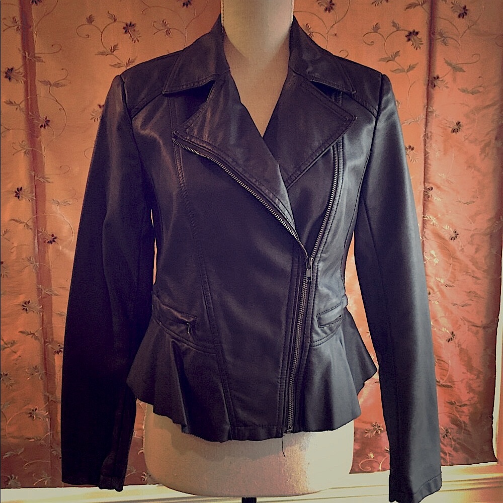 NWOT INC Brown Faux Leather Jacket w/Zip Pockets